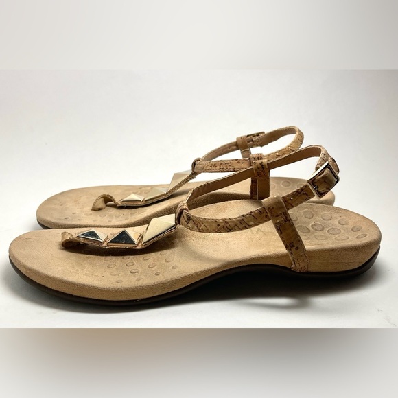 VIONIC Women's Nala T-Strap Sandal Cork and Gold Geometric‎ Studs Size 9.5M - Picture 6 of 7